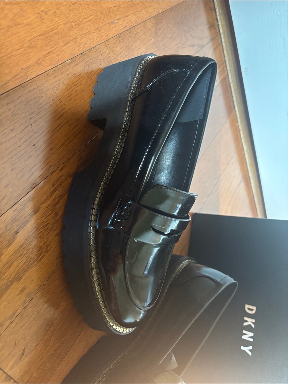 DKNY Black Patent Platform Loafers with Rhinestone Trim - Picture 2 of 4